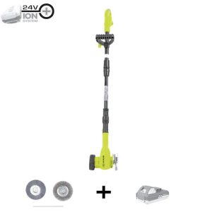 Restored Sun Joe 24V-CTC-LTE | 24-Volt IONMAX Cordless Weed Sweeper Kit | Nylon Brush | Steel Wire Brush | Adjustable Pole | 2.0-Ah Battery + Charger (Refurbished)