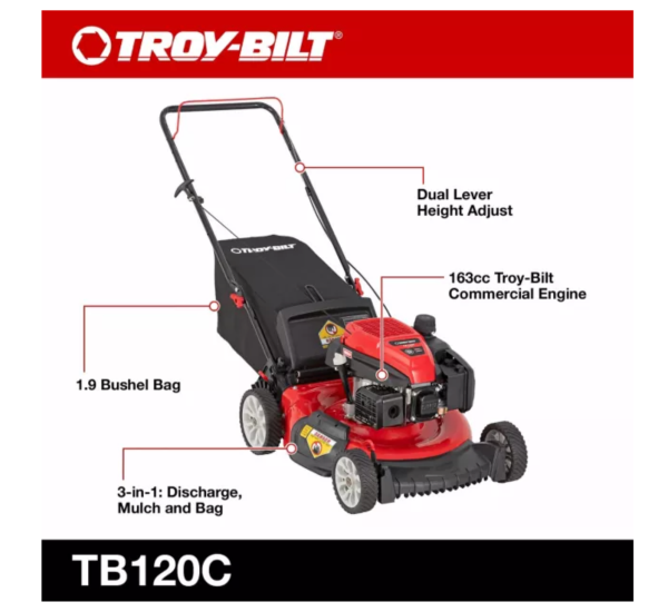 Restored Troy-Bilt TB120C | 21in 163cc Walk Behind Push Mower | 3-in-1 Deck (Refurbished) - Image 2